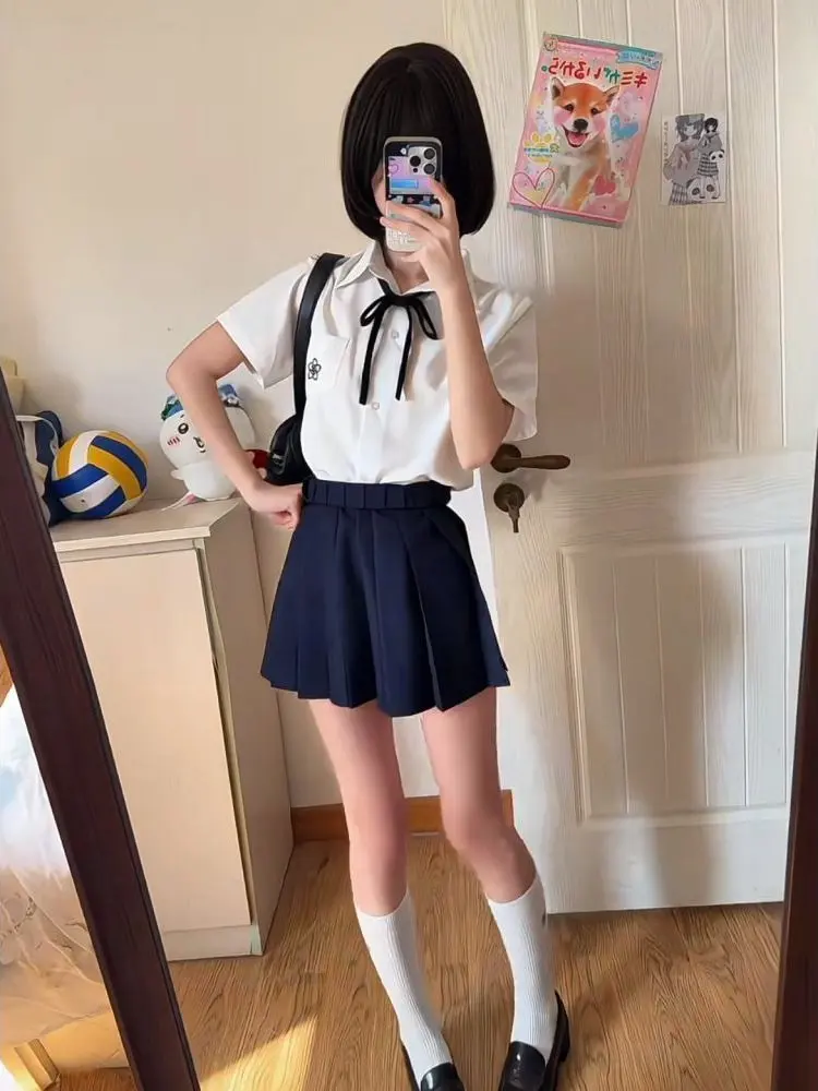 

Summer Basic Women's Shirt Embroidered Sakura Pleated Skirt Short Set School Uniform Short Sleeve Japanese Style Fashion Set