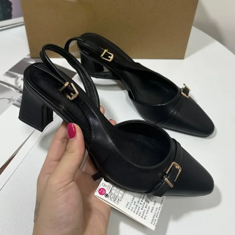 Black Women Summer Sandals 2024 New Fashion Buckle Casual Comfortable leather High Heeled Office Female Slingback Shoes image 3