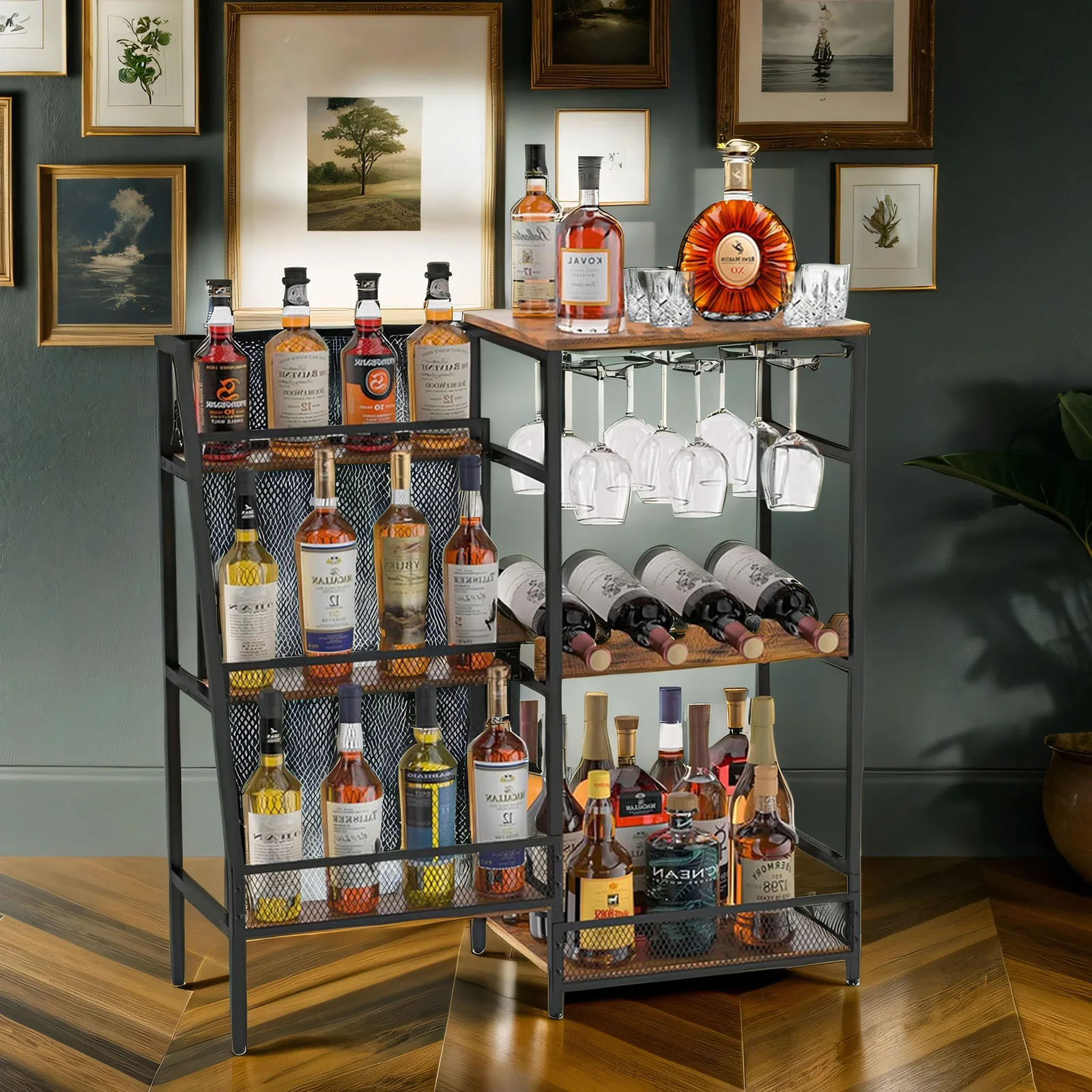 Armário de bar de vinho independente, rack de vinho dos eua, armário de bar de licor de piso de 3 camadas com cercas e suporte de vidro para bar de cozinha doméstica