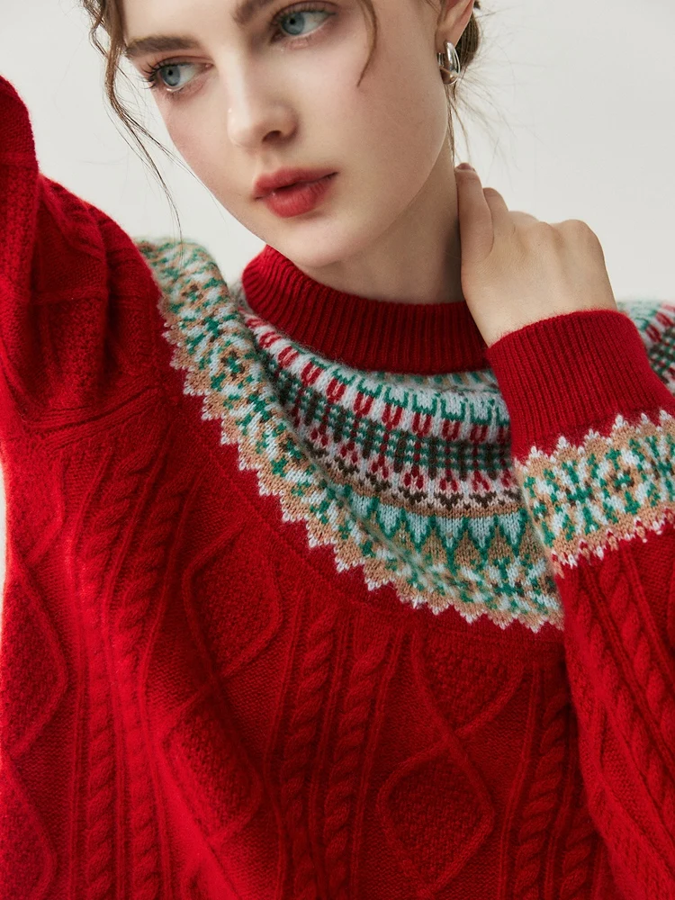 

Autumn Winter Women's Mock Neck Pullover Cashmere Sweater Fair Isle Jacquard Vintage 100% Cashmere Knitwear High-end Clothes Top