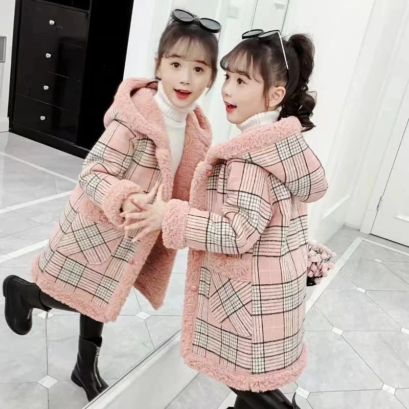 

Girls Fur Coat Jacket Cotton Outwear Overcoat 2022 Green Warm Thicken Plus Velvet Winter Autumn School Gift Children's Clothing