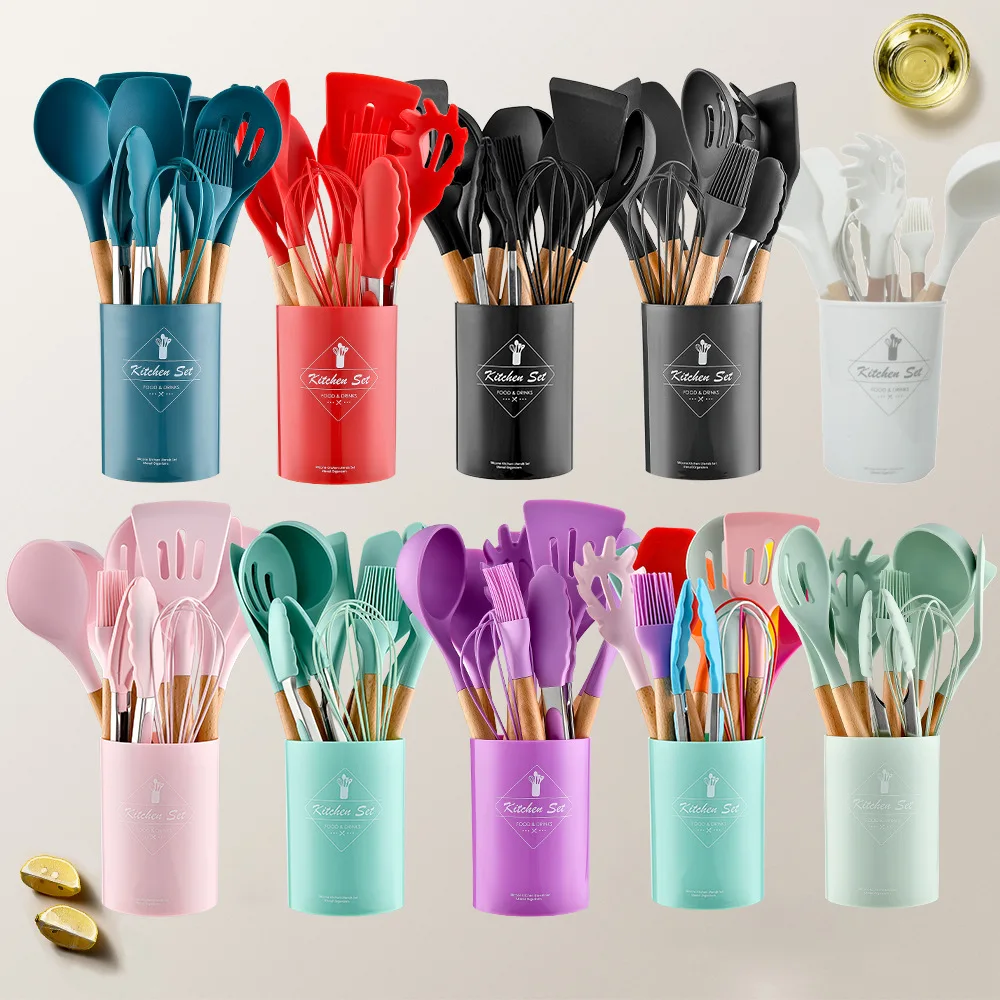 

11-Piece Wooden Handle Kitchen Set - Colorful Silicone Cooking Utensils (Spoons, Spatulas & More)