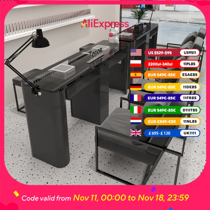 

Luxury Design Black Nail Desk Chair Professionals Glass Aesthetic Nordic Nail Table Dust Collector Tavolo Unghie Salon Furniture