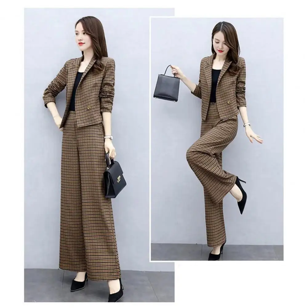 Women Coat Pants Set Stylish Women's Plaid Print Coat Pants Set Lapel Buttons Cardigan Long Sleeve Jacket Wide Leg for Formal