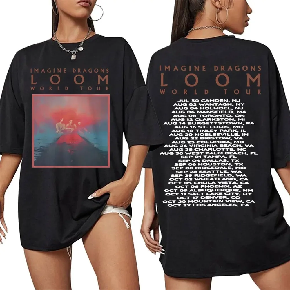 Imagine Dragons LOOM Camiseta com tema gradiente de membro da banda da turnê mundial: base preta com banda visual, texto gradiente e programação turística