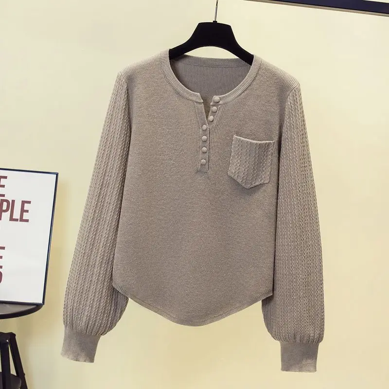 Irregular Design Sense Knitted Sweater Autumn and Winter New Women's Fashion Solid Color Round Neck Pocket Versatile Sweater