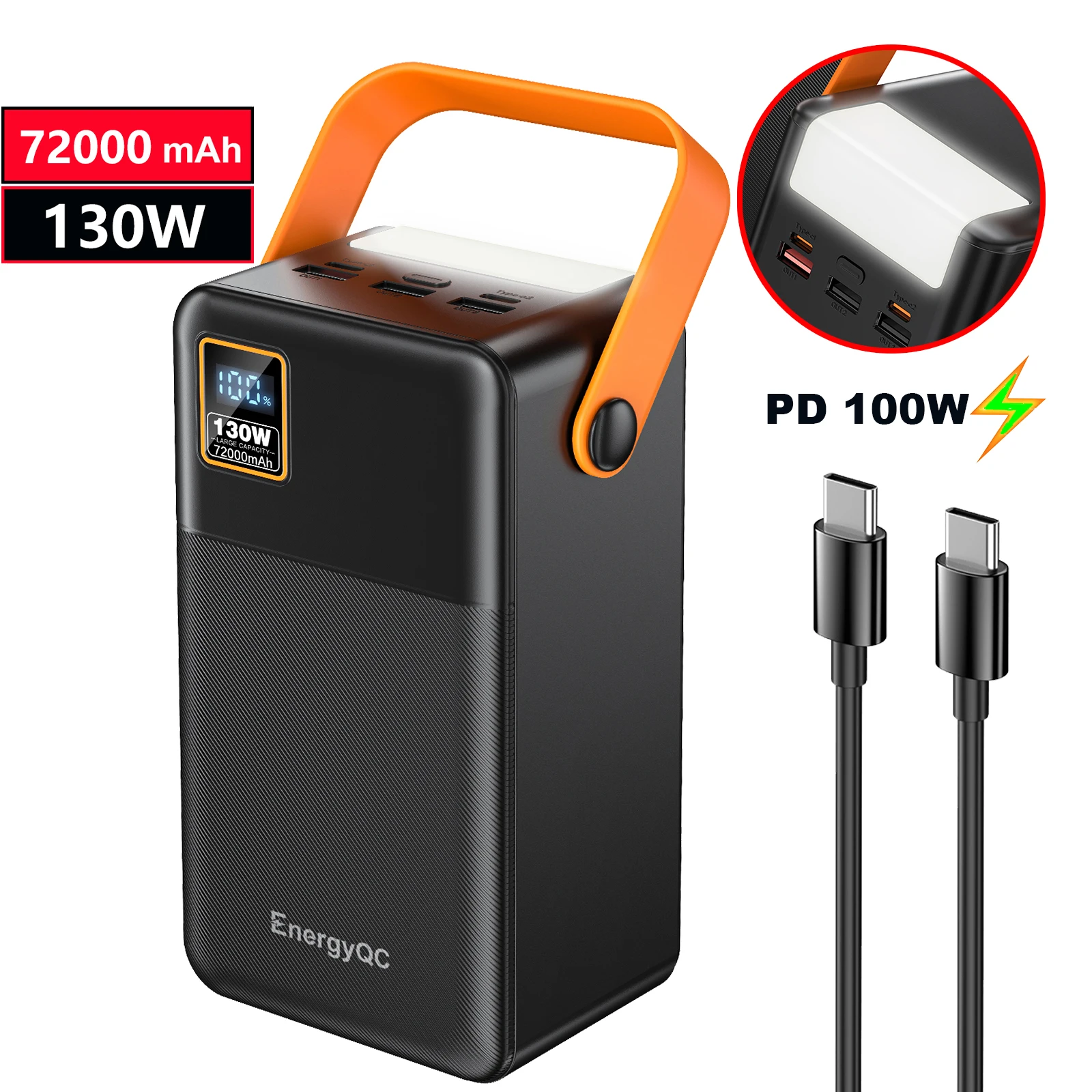 Batterie externe EnergyQC 72000 mAh 130 W, chargeur de téléphone portable universel rapide, PD 100 W, écran LCD pour Apple et Samsung