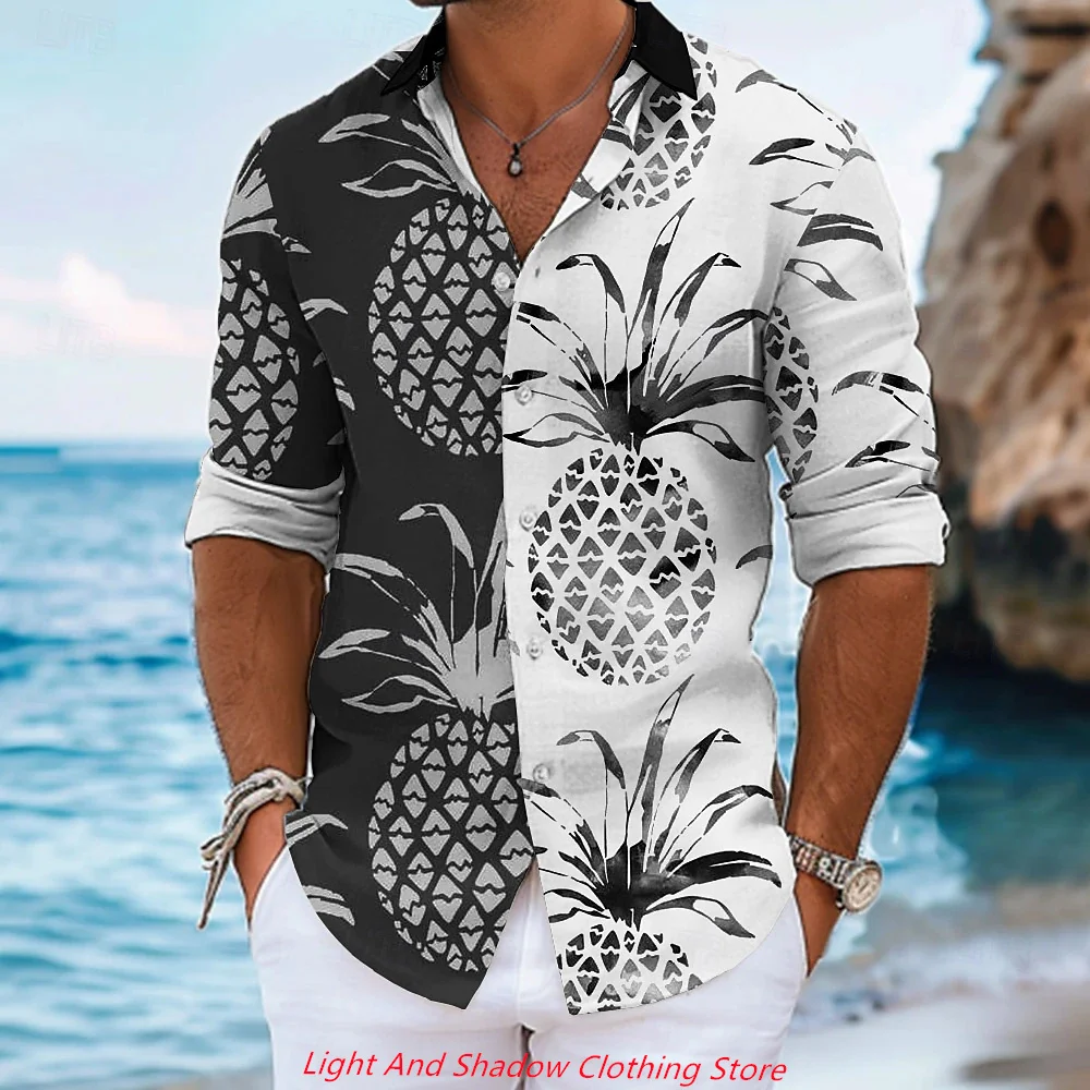 2025 Men's Shirt Pineapple Fruit Pattern Printed Long Sleeve Shirt Comfortable, Soft, Casual Collar Button Men's Clothing XS-6XL