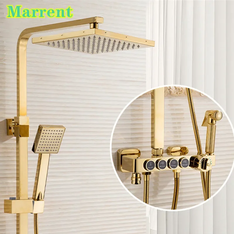 Thermostatic Shower System Quality Brass Hot Cold Bathroom Shower Faucets Head Hot Cold Golden Bathroom Shower Set System