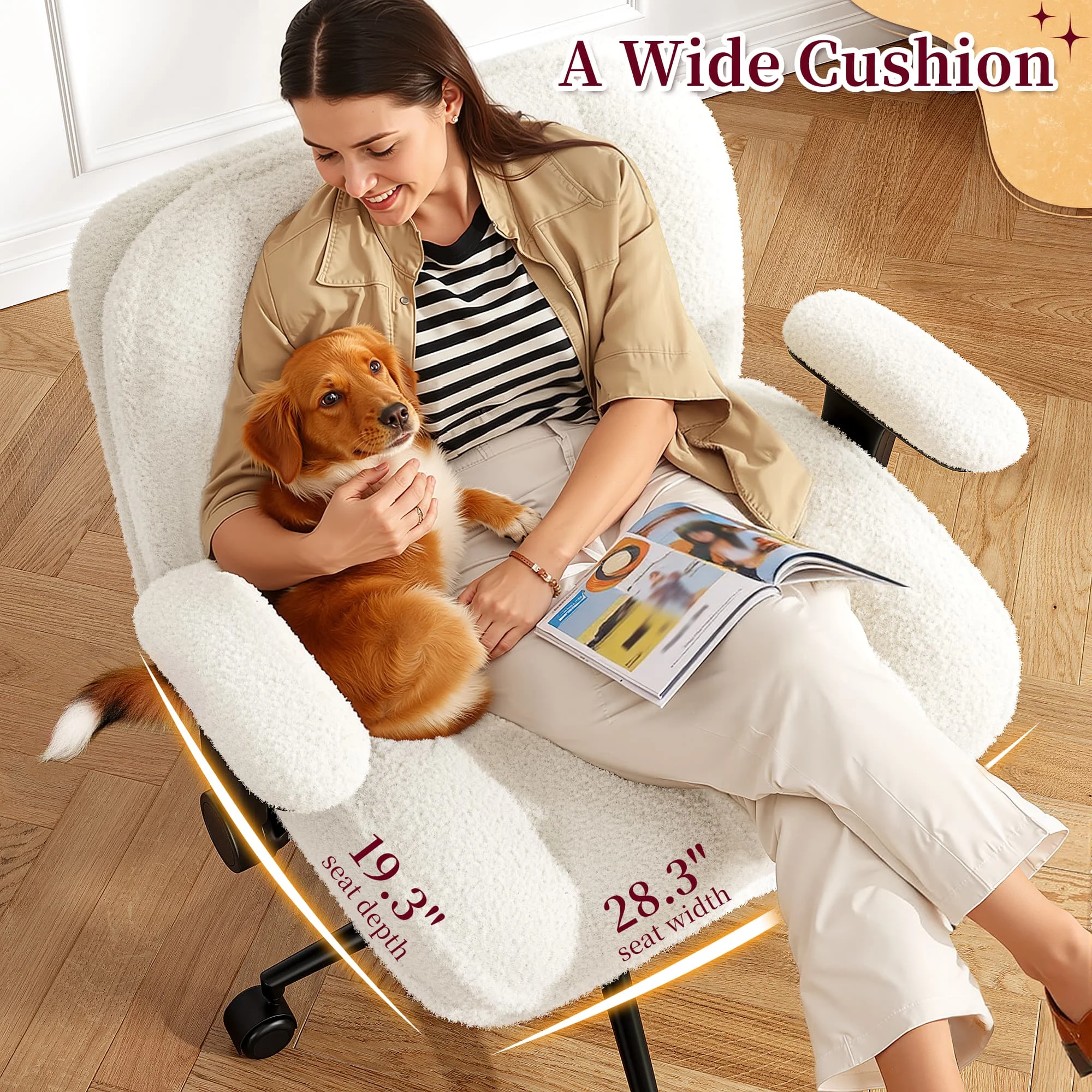 EnHomee Cross Legged Office Chair with Flip-Up Arms & Height Adjustable Wide Plush Criss Cross Chair with Wheels for Home Office Vanity