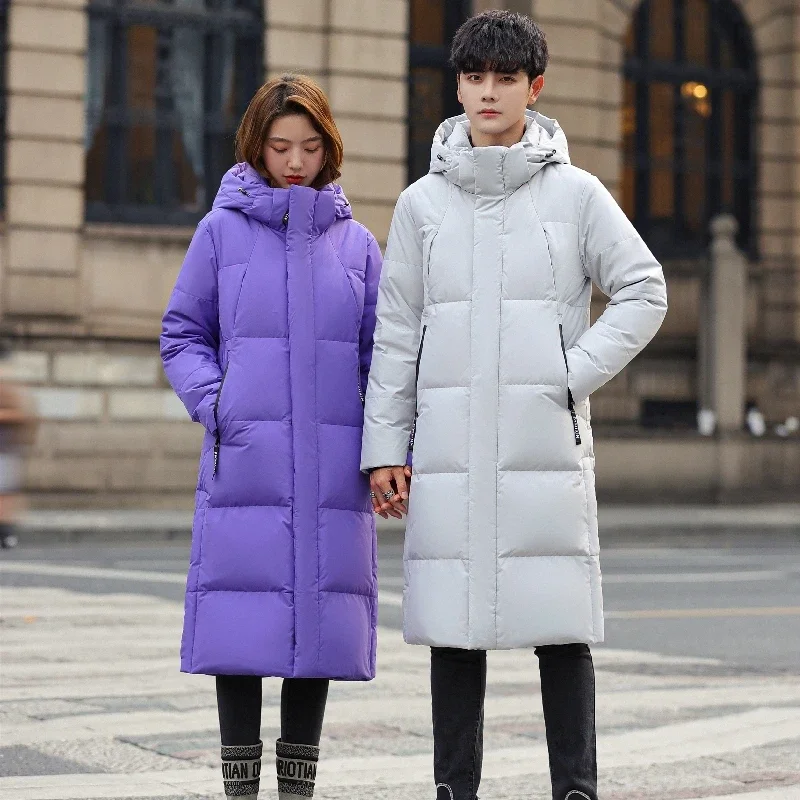 Purple Men and Women Quilted Winter Coat 2023 New Men\'s Thick（Winter)  X-Long Warm Hooded Lovers Down Jackets Brand Clothing