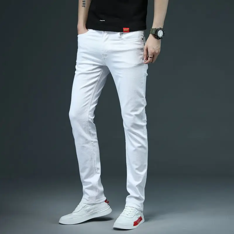 

​​2025 New Men Pure White Slim Fit Denim Jeans Trendy Multi Color Options High Waist Straight Leg Versatile Long Pants​