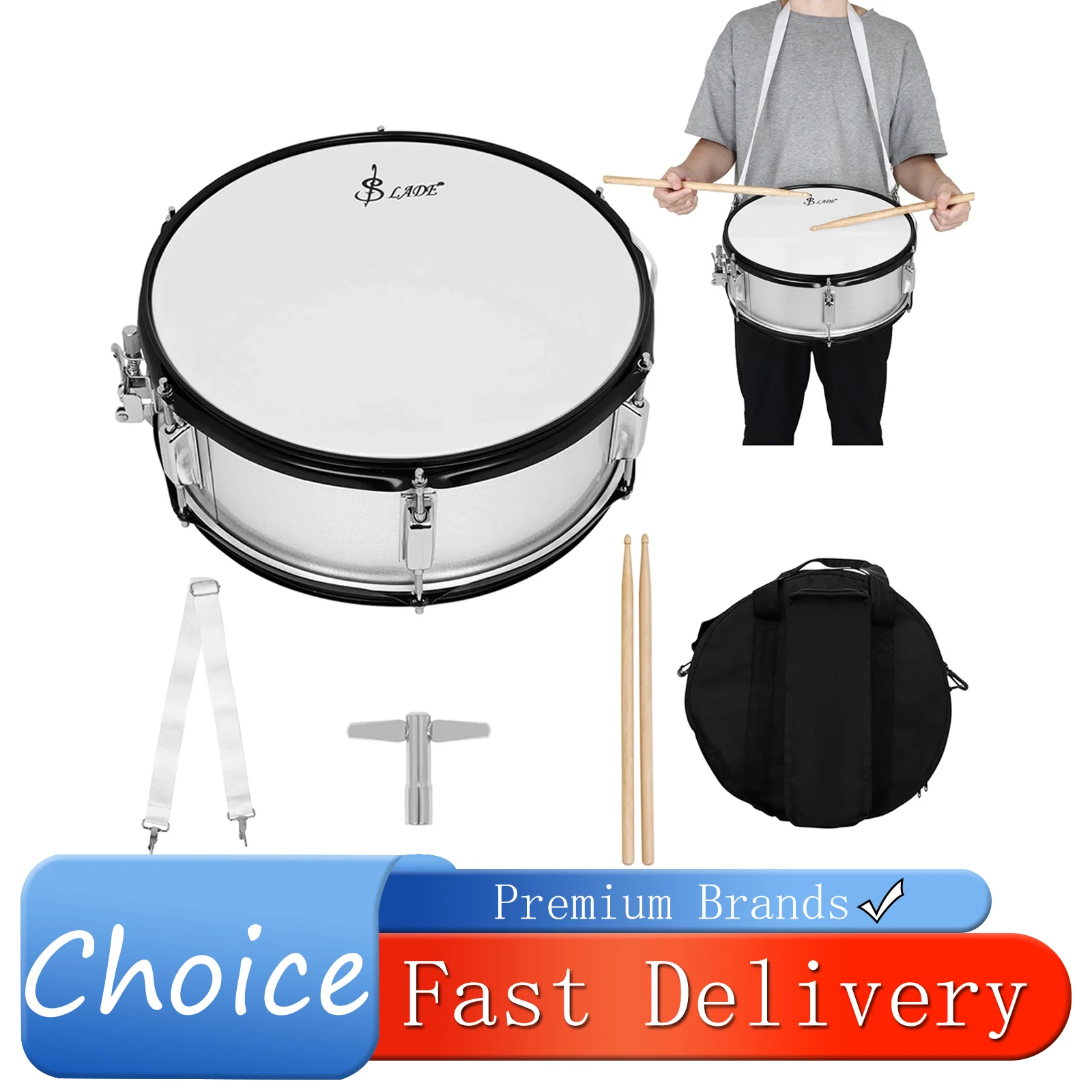 

SLADE 14 Inch Snare Drum Percussion Instruments White Drum Skin Snare Drum With Drumsticks Bag Strap Student Beginner Kit