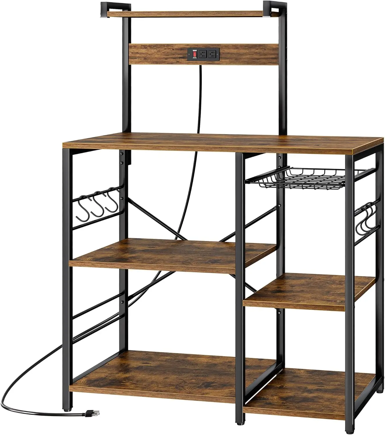 

NEW Bakers Rack with Power Outlet, Microwave Stand, Coffee Bar with Wire Basket, Kitchen Storage Rack with 6 S-Hooks