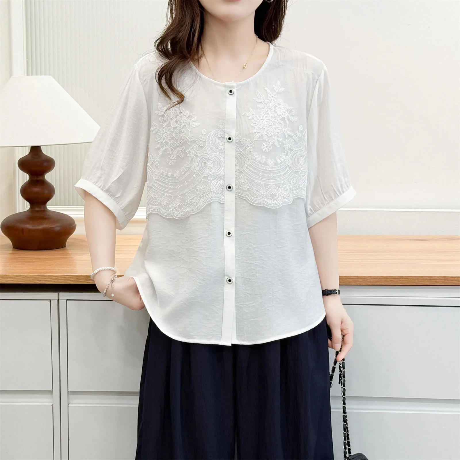 2026 Summer Plus Size Embroidery Spliced Open Blouse Round Neck Short Sleeve Elegant Daily Versatile Shirt Curvy Ladies 2620 view 4
