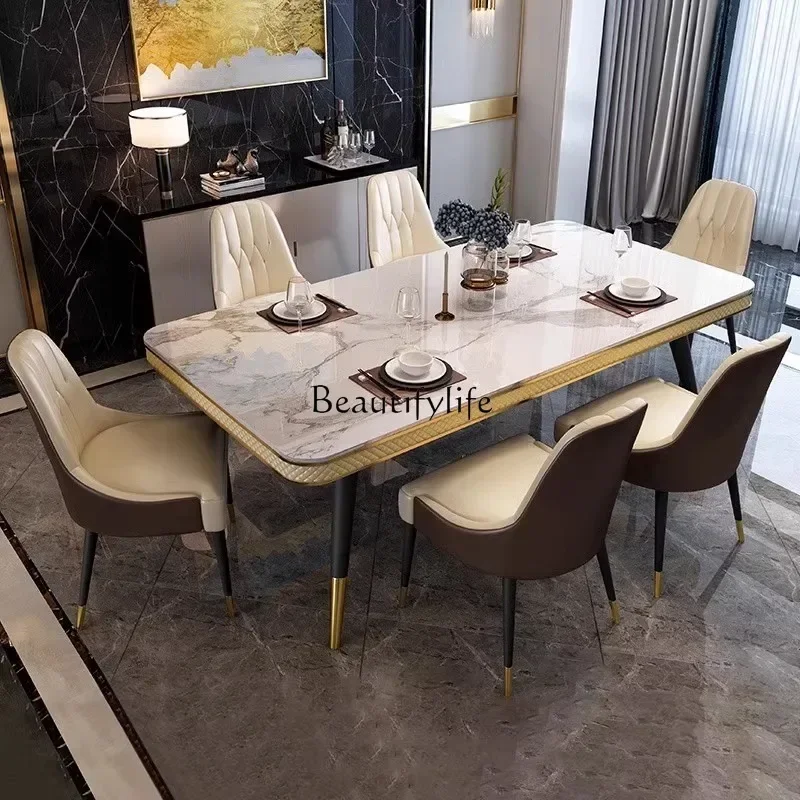 

LJY*marble dining table Small apartment rectangular hotel style Stainless steel gold-plated dining table