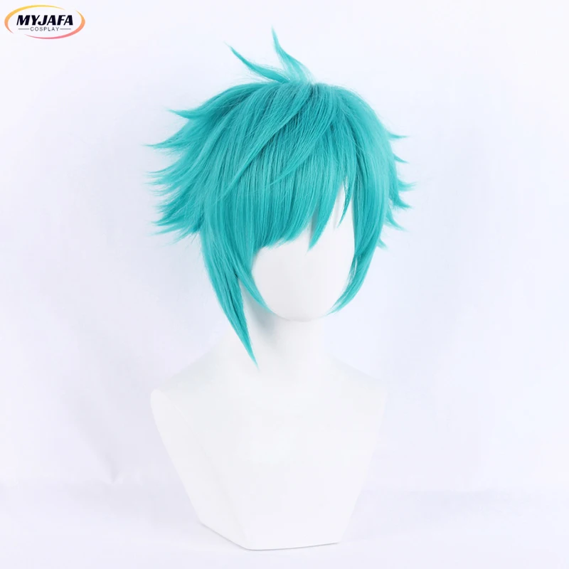 Heartsteel-Aphelios Peruca Cosplay com Boné, Cabelo Sintético Azul e Verde Curto, Resistente ao Calor, Perucas de Anime de Jogo