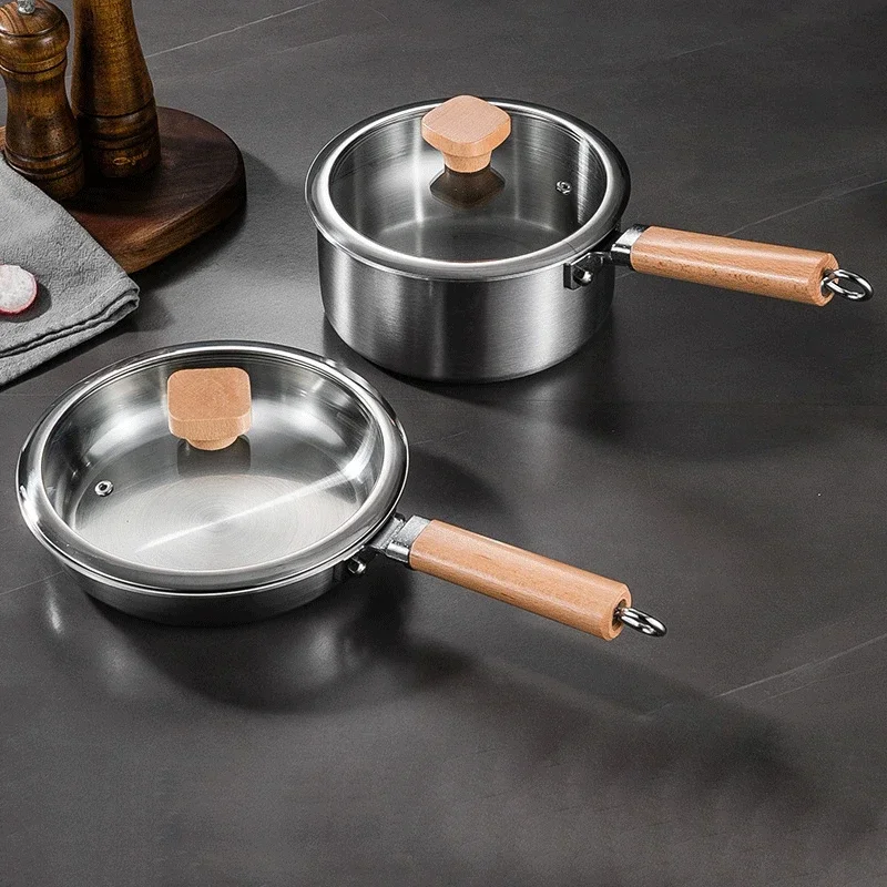 Kitchen Soup Pot Frying Pan Set Stainless Steel Baby Cookware Set Milk Pot with Wooden Handle