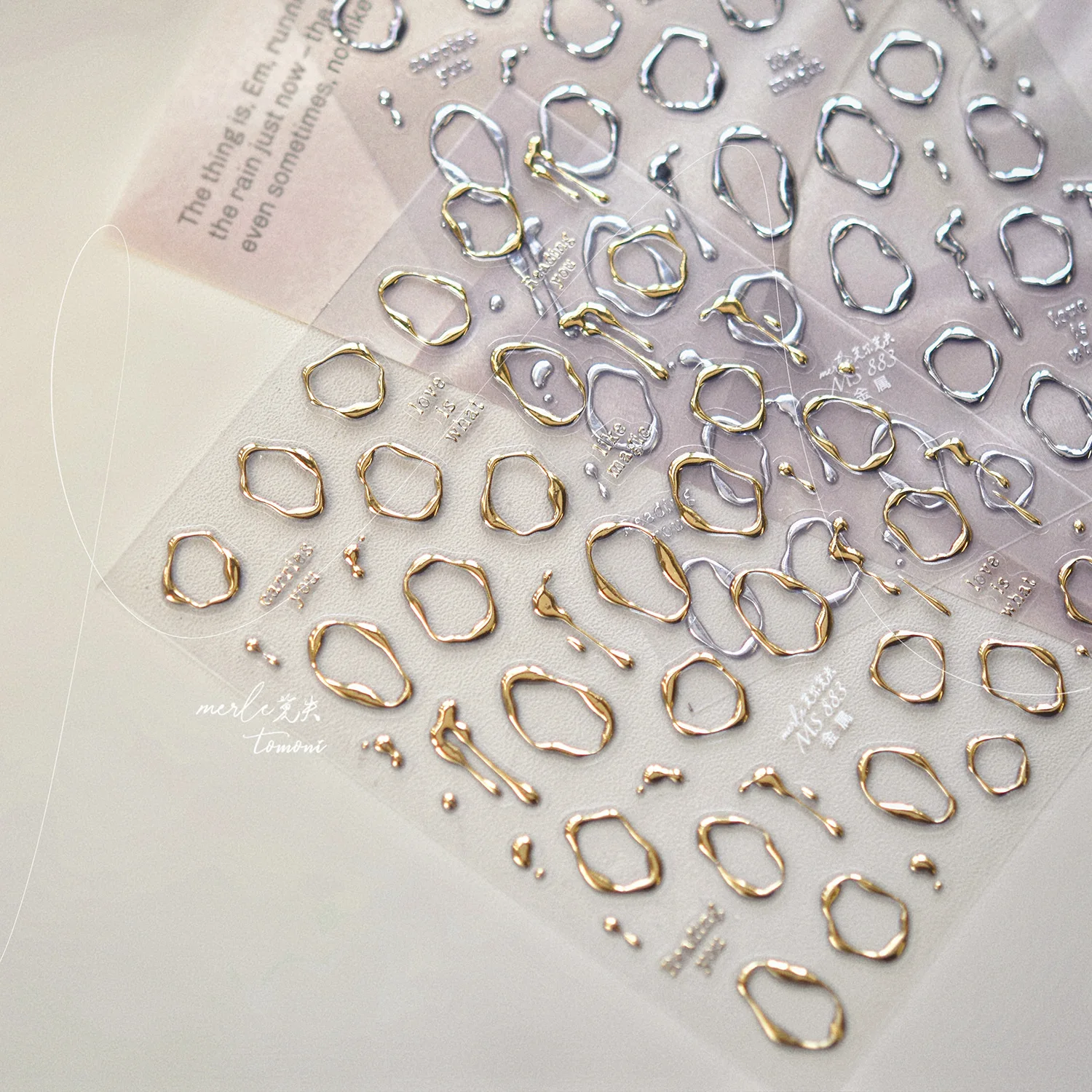 5D Gold Silver Metallic Nail Stickers Irregular Circle Drips Ribbon Love Nail Design Stickers 3D Self Adhesive Nails Decals DIY