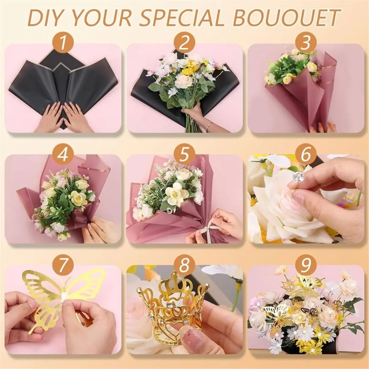 PHONE&GEAR Bouquet Wrapping Paper Kits, Waterproof Floral Wrapping Paper in Black Pink Beige with Ribbons, Pins, 3D Butterflies