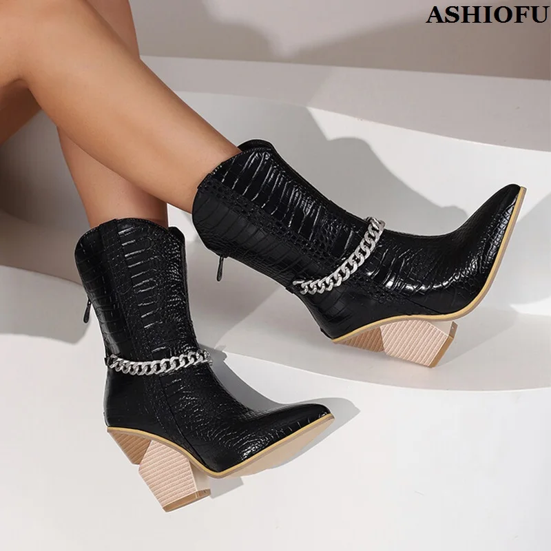 

ASHIOFU Handmade New Vintage Retro Style Women Thick Heels Ankle Boots Chain Patchwork Winter Booties Evening Fashion Prom Shoes