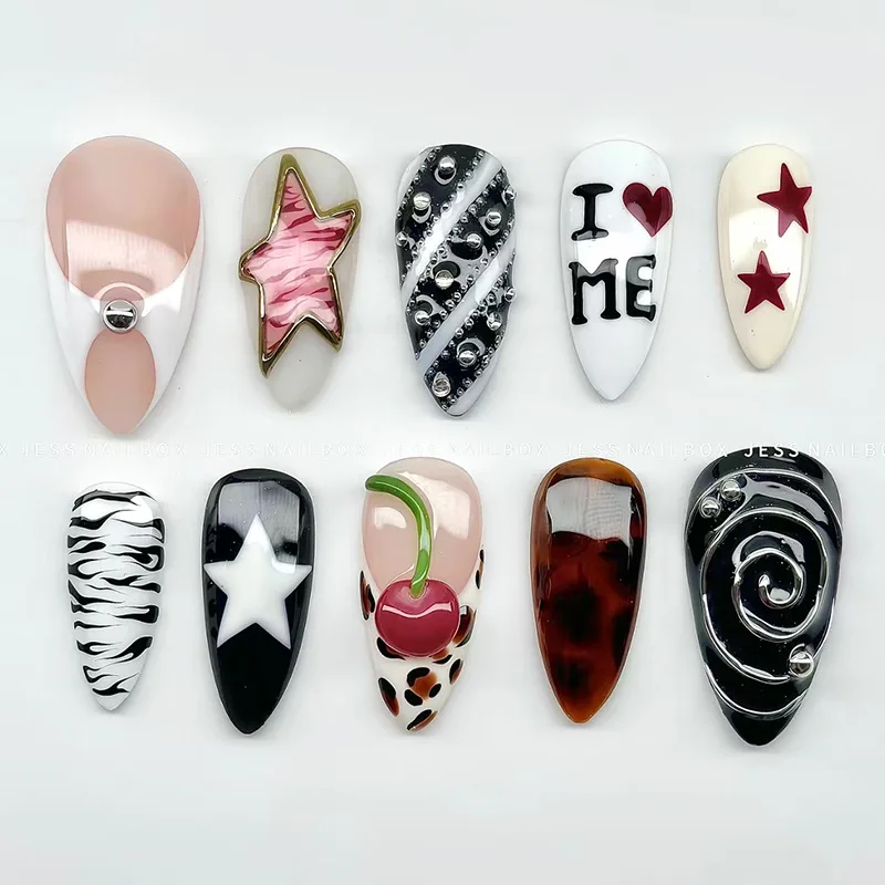 

24PCS 3D Cherry Sweet Cool Almond Press on Nails Star Leopard Print French Ins Nail Tips Metallic Silver Lines Trendy Fake Nails