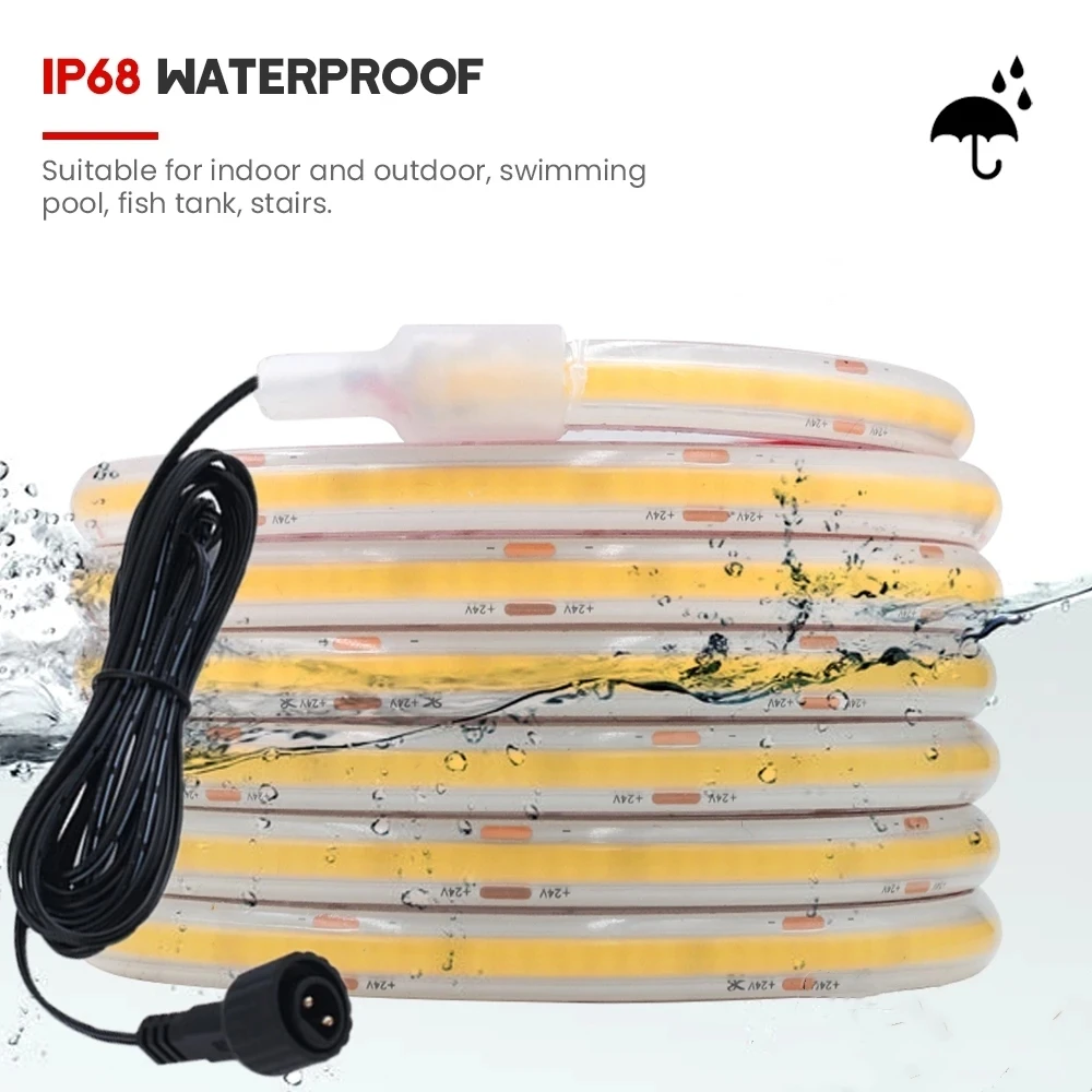 10M FCOB LED Light Strip IP68 Waterproof 24V 320LEDs Flexible RA90 Linear Dimmable COB Neon Tape Lamp With 2Pin 1.2M Wire Cable