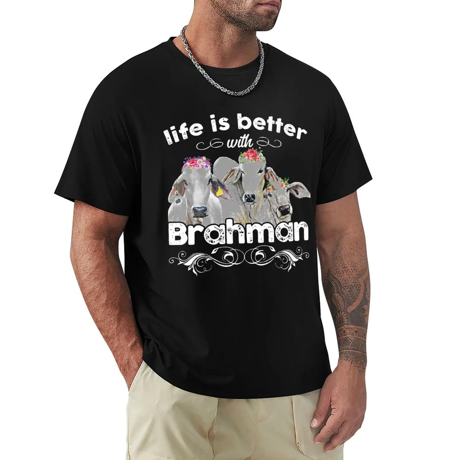 La vida es mejor con camiseta Brahman Flower, camiseta informal de manga corta para el día a día