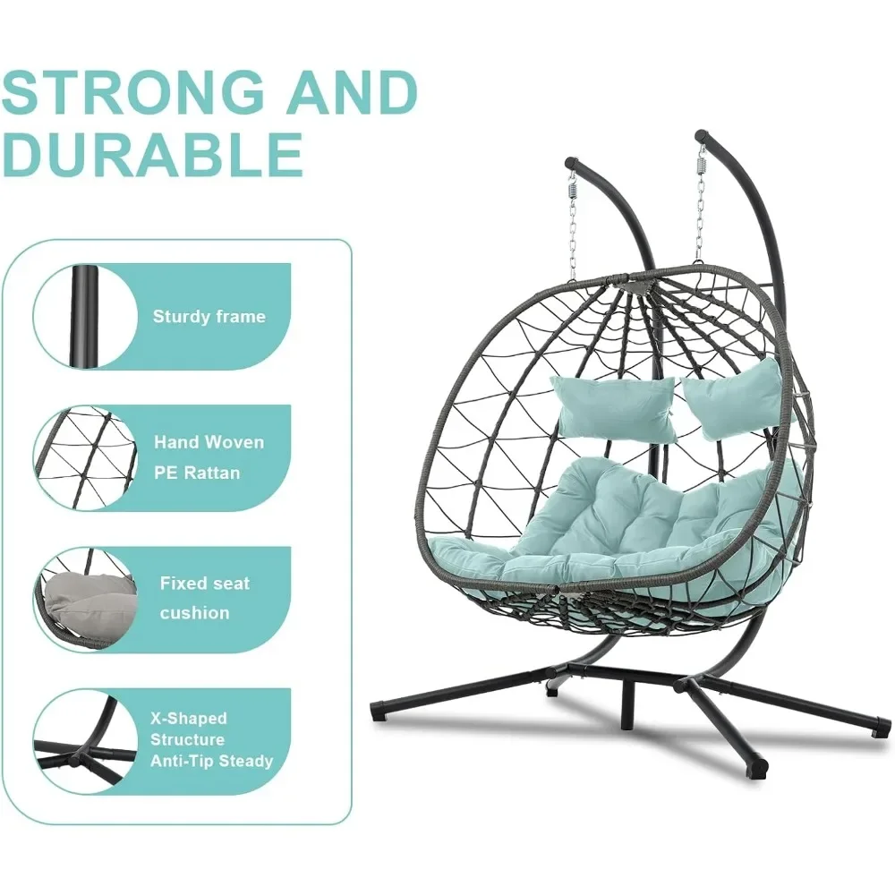 موصى به للغاية - كرسي أرجوحة مزدوج على شكل بيضة لشخصين مع حامل داخلي وخارجي، كرسي أرجوحة أرجوحة قابل للطي، كرسي معلق، فناء