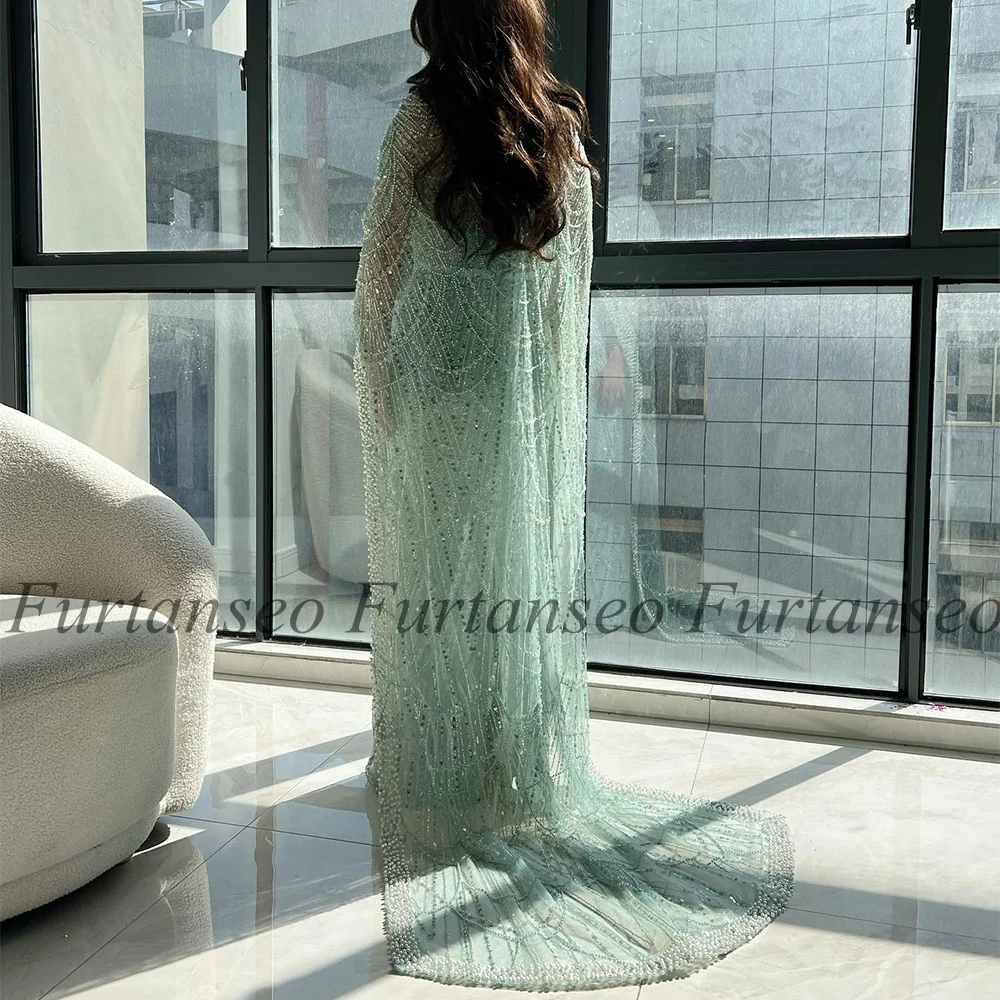 Luxury Prom Dress with Cape Strapless Sleeveless Exquisite Beading Pearls Mermaid Evening Dresses Saudi Arabic Party Gown