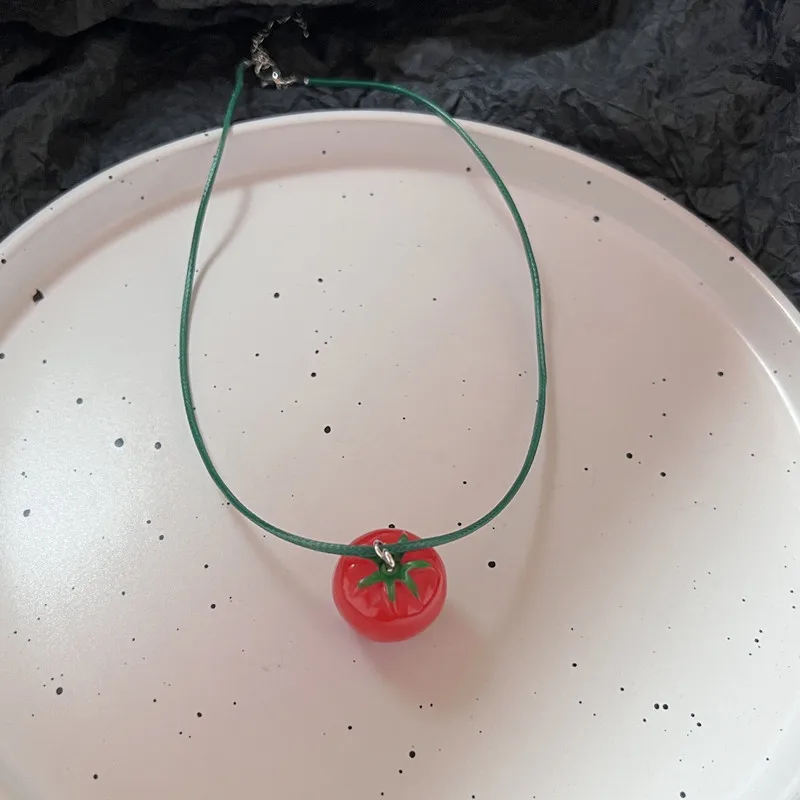 Cute Red Cherry Choker Necklace For Women Girls Fruit Apple Orange Beads Necklaces Imitation Pearl Chain Necklace Summer Jewelry