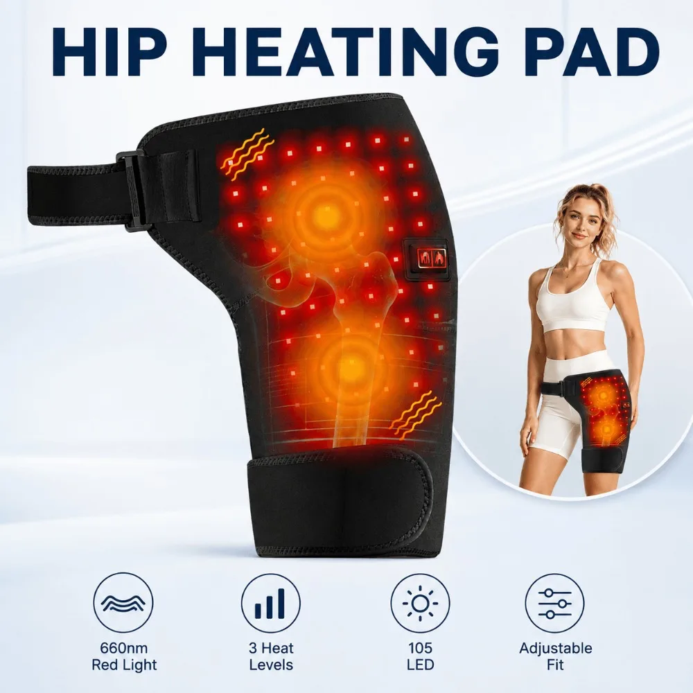 Heated Hip Brace, Hip Thigh Heating Wrap, 660nm Red Light Belt, Adjustable USB 3 Heat Levels, Optional Vibration for Home Use