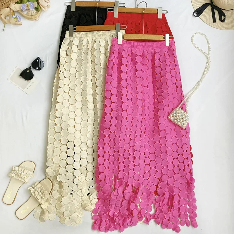 Dot Sexy Cut Out Elegant Long Skirts for Women 2026 Summer Fashion Asymmetrical High Waisted Strechy A-Line Tassel Skirt Female