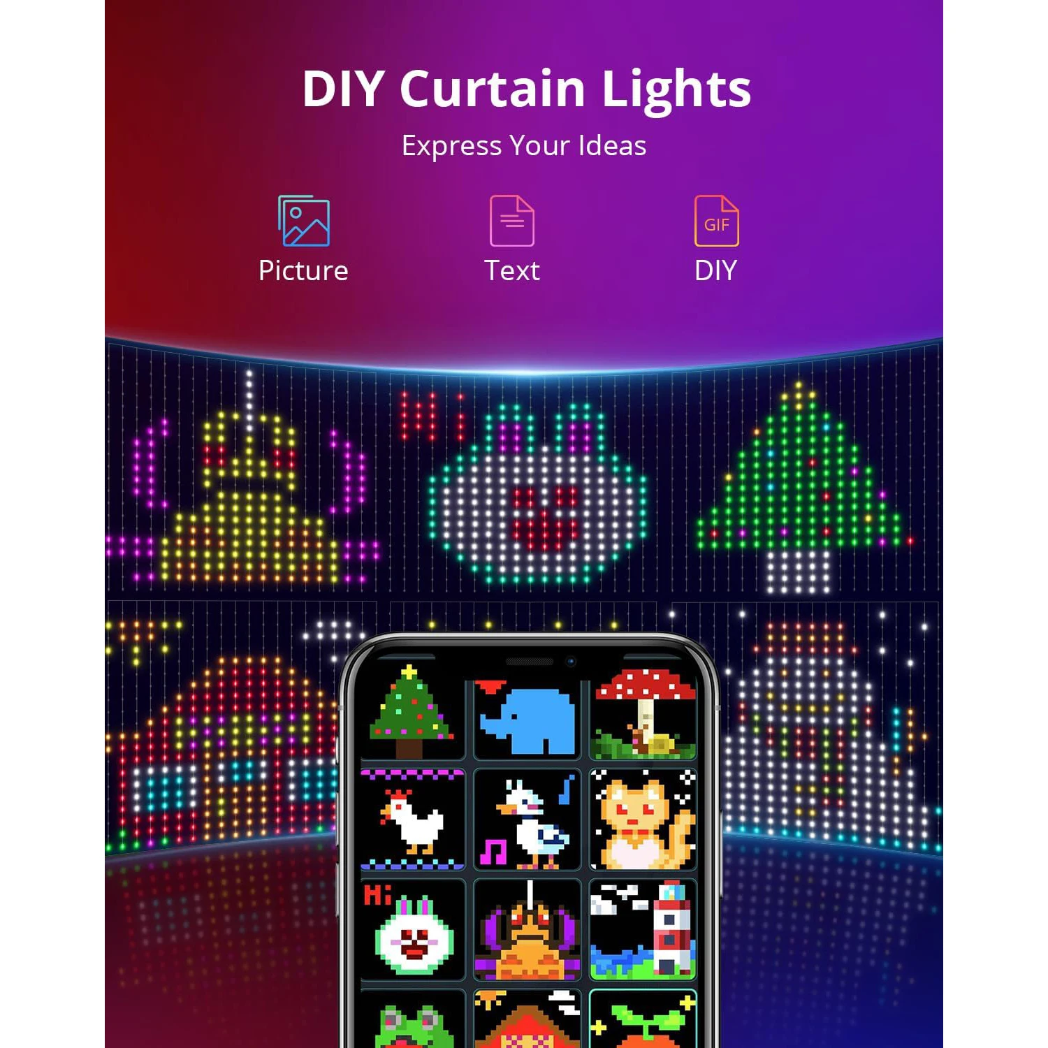 Smart Curtain String Light App DIY Picture Text Led Display Smart LED RGB String Light RGB LED Bluetooth Control Curtain Lights