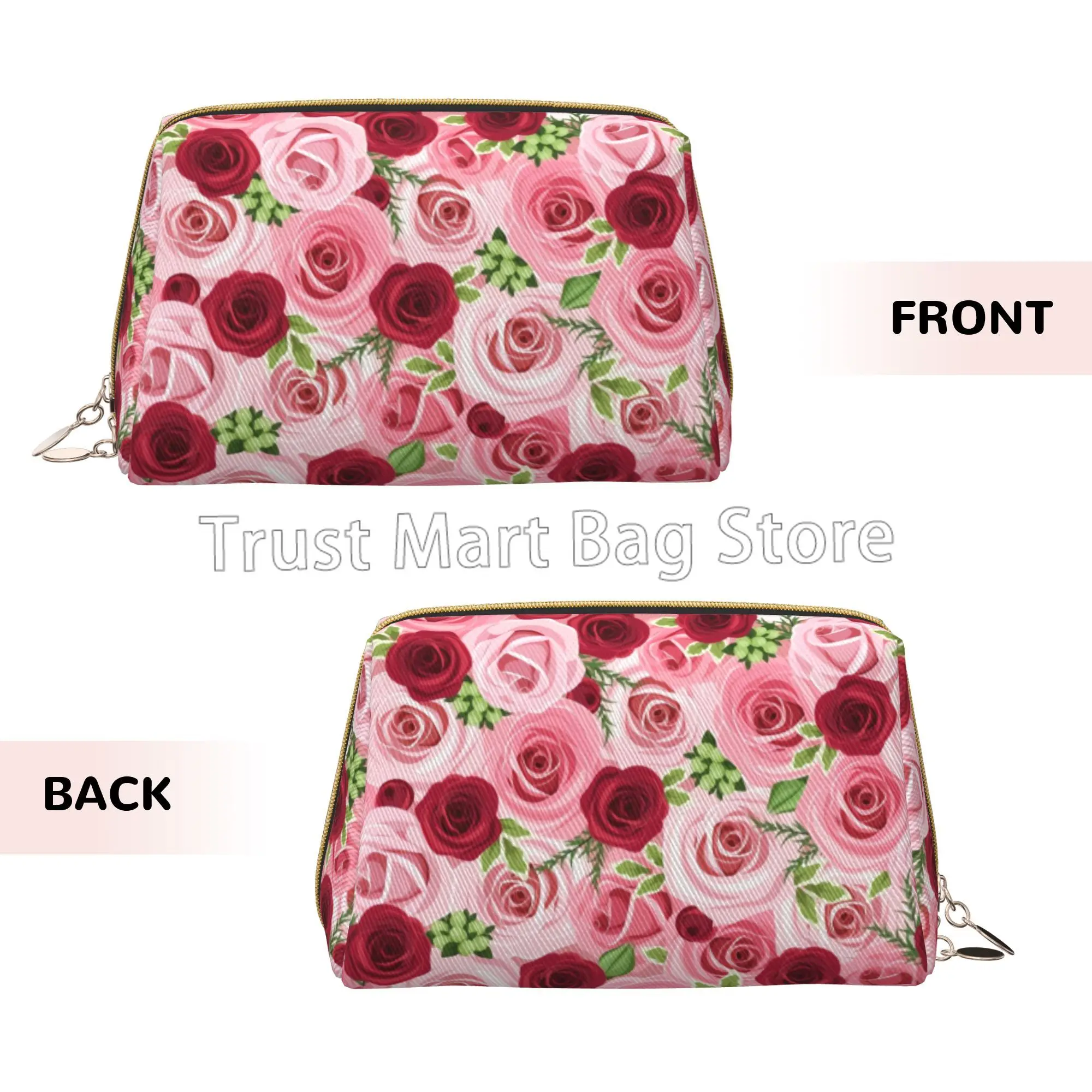 Pink Red Rose Print Large Travel Makeup Bag Pouch Cosmetic Bags Leather Waterproof Toiletry Bag for Women Valentine\'s Day Gifts