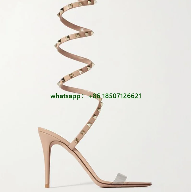 

Apricot Wrapped Transparent Pvc Stiletto Sandals With Rivets Super High Heels Large Size Sexy And Versatile Women High Heels