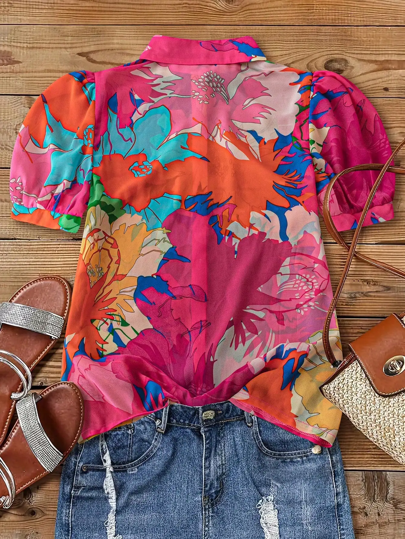 

Женская повседневная блузка с коротким рукавом и цветочным принтом на пуговицах