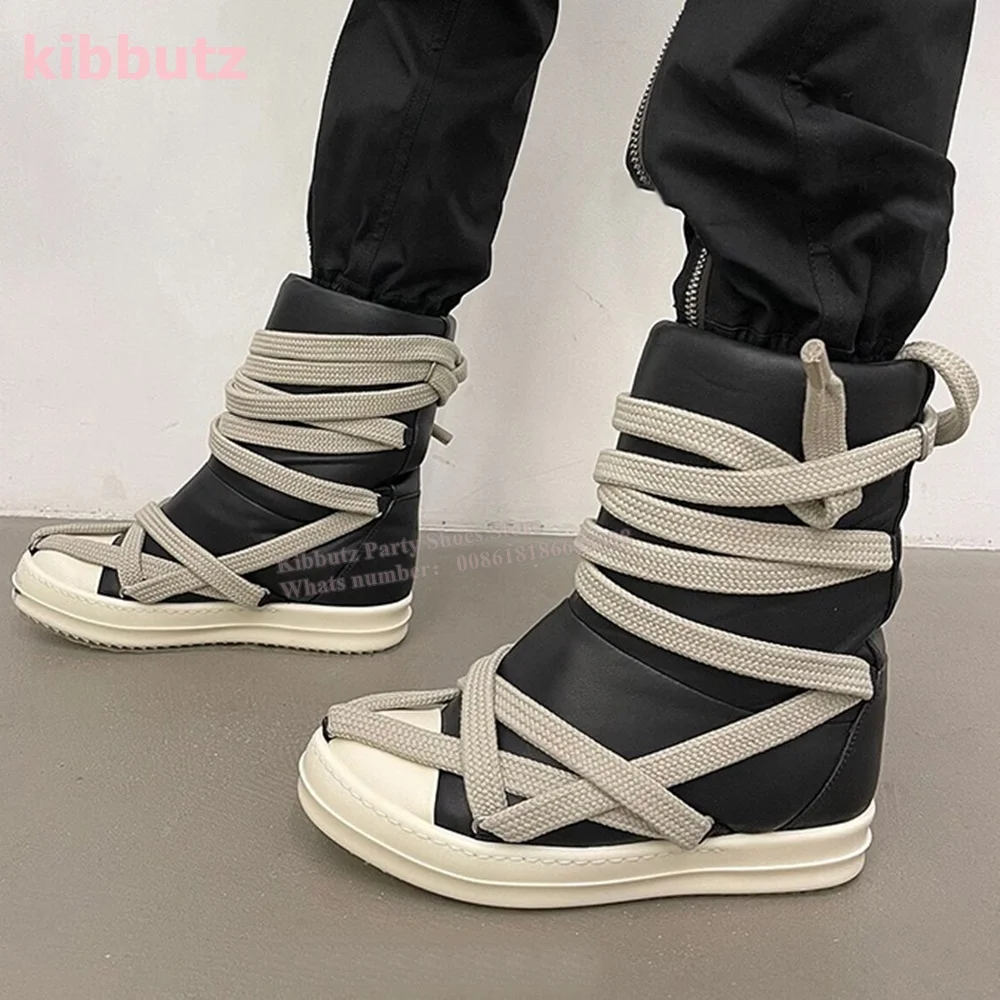 Cross Strappy Ankle Boots Genuine Leather Round Toe Height Increasing Lace-Up Mixed Color Women Novelty Fashion Women Shoes New