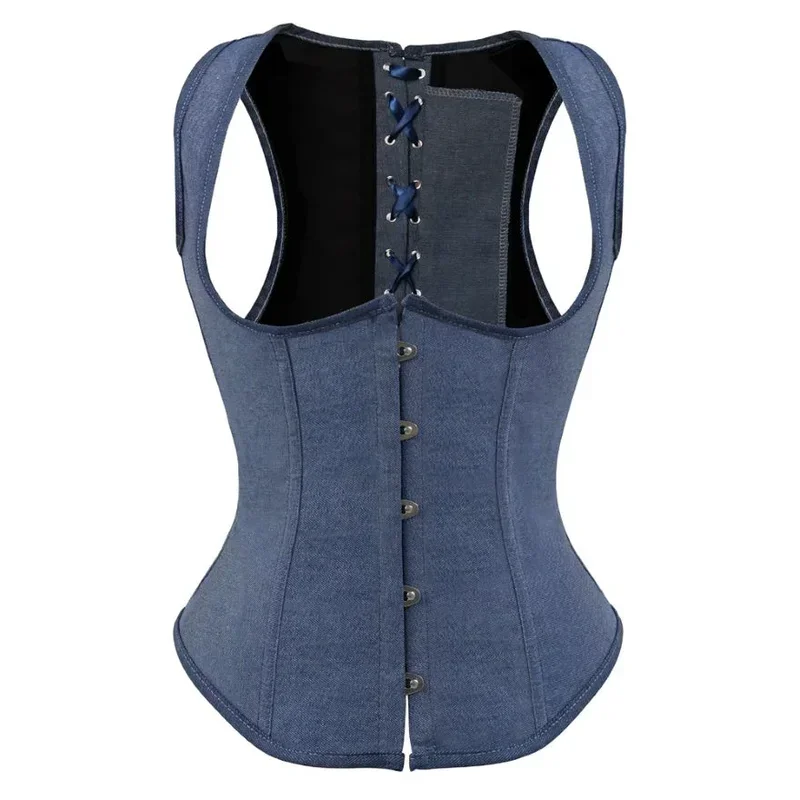 

Underbust Corset Top with Straps Blue Denim Jean Waist Trainer Bustier Body Shaper Vest Plus Size Corselet@0Z*