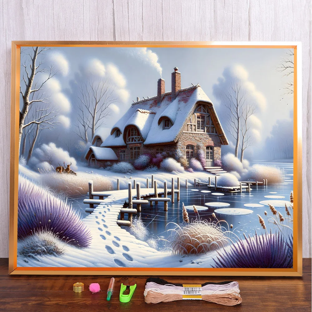 Landscape House By River Printed 11CT Cross-Stitch Embroidery Patterns Sewing Needlework Handmade Craft Magic Counted Home Decor