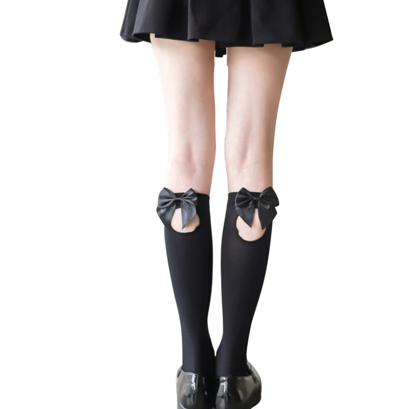 Japanese Women Calf Socks Hollow Back Bowknot School Student JK Uniform Knee High Stockings Hosiery