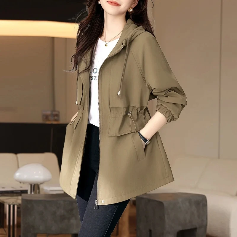 

2024 New Spring Autumn Trench Coat Women's Mid Long Korean Loose zipper Hooded Women Overcoat Windbreaker Female Outerwear Tops