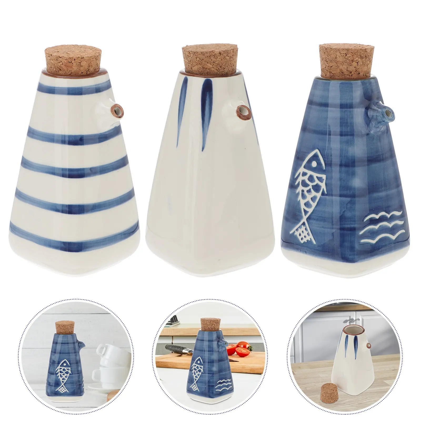 

3Pcs Stylish Soy Sauce Bottle Set with Bamboo Lid Decorative Vinegar Pot Oil Dispenser Seasoning Container Condiment Dispenser