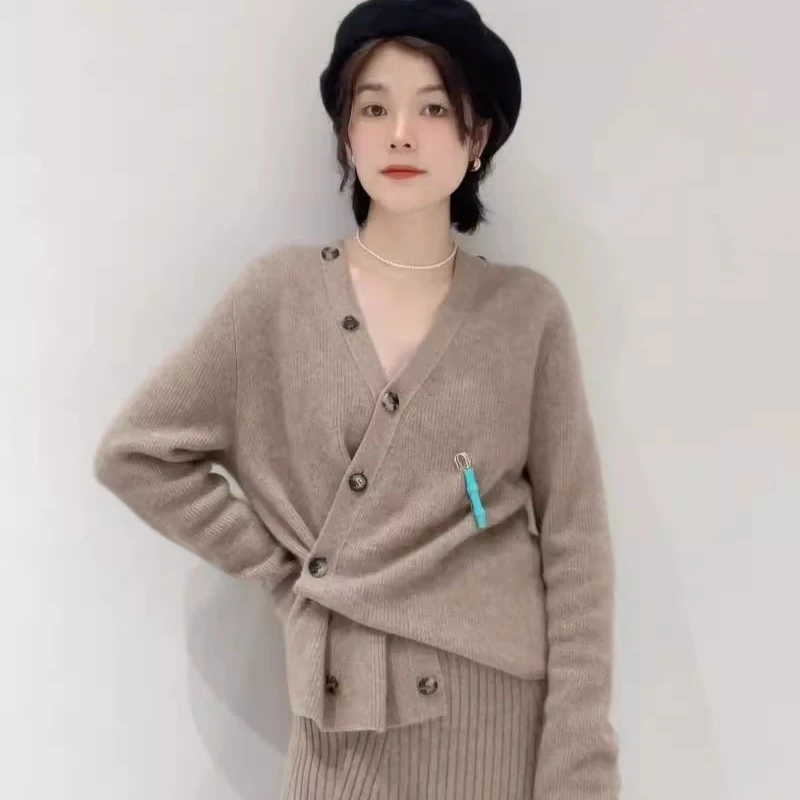 Autumn Winter New Women\'s Clothing 100% Merino Wool Knitted Tops Casual Fashion Korean Long Sleeved Coat V-Neck Cardigan Sweater