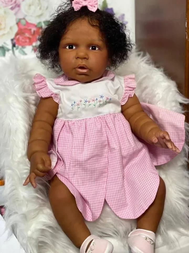 NPK 24inch magrot Dark Brown Skin Soft Cloth Body Reborn Toddler Girl Doll Rooted Hair High Quality Hand Painted Doll