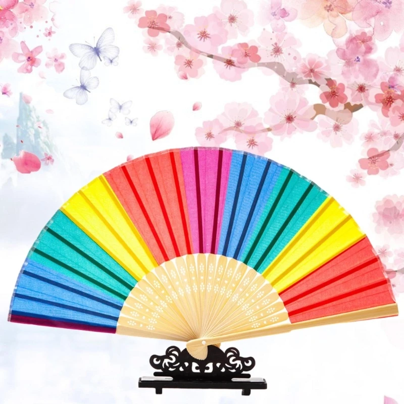 Rainbow Hand Fans Colorful Hand Held Fan Chinease Folding Hand Fan Hand Fan Durable Cloth with Sturdy Bamboo Handle