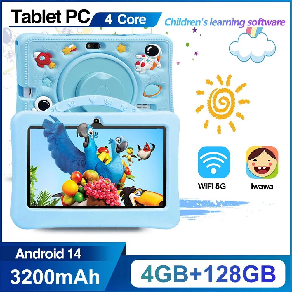 แท็บเล็ต 5G WiFi ขนาด 7 นิ้ว สำหรับเด็กเรียนรู้และการศึกษา แท็บเล็ตเด็ก Quad Core RAM 4GB ROM 128GB กล้องคู่ ระบบปฏิบัติการ Android 14 พร้อมเคสซิลิโคน
