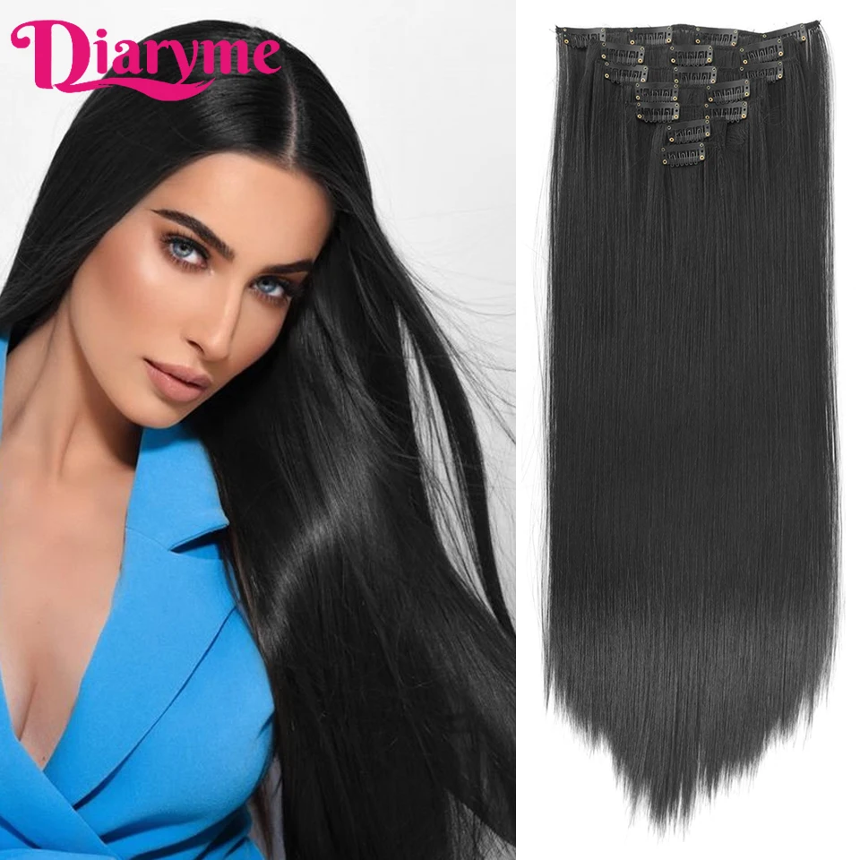 Synthetic Clip In Hair Extension Full Head 20inch Long Straight Fake Hair Pieces Clip-on Blacke Brown hairpin For Women