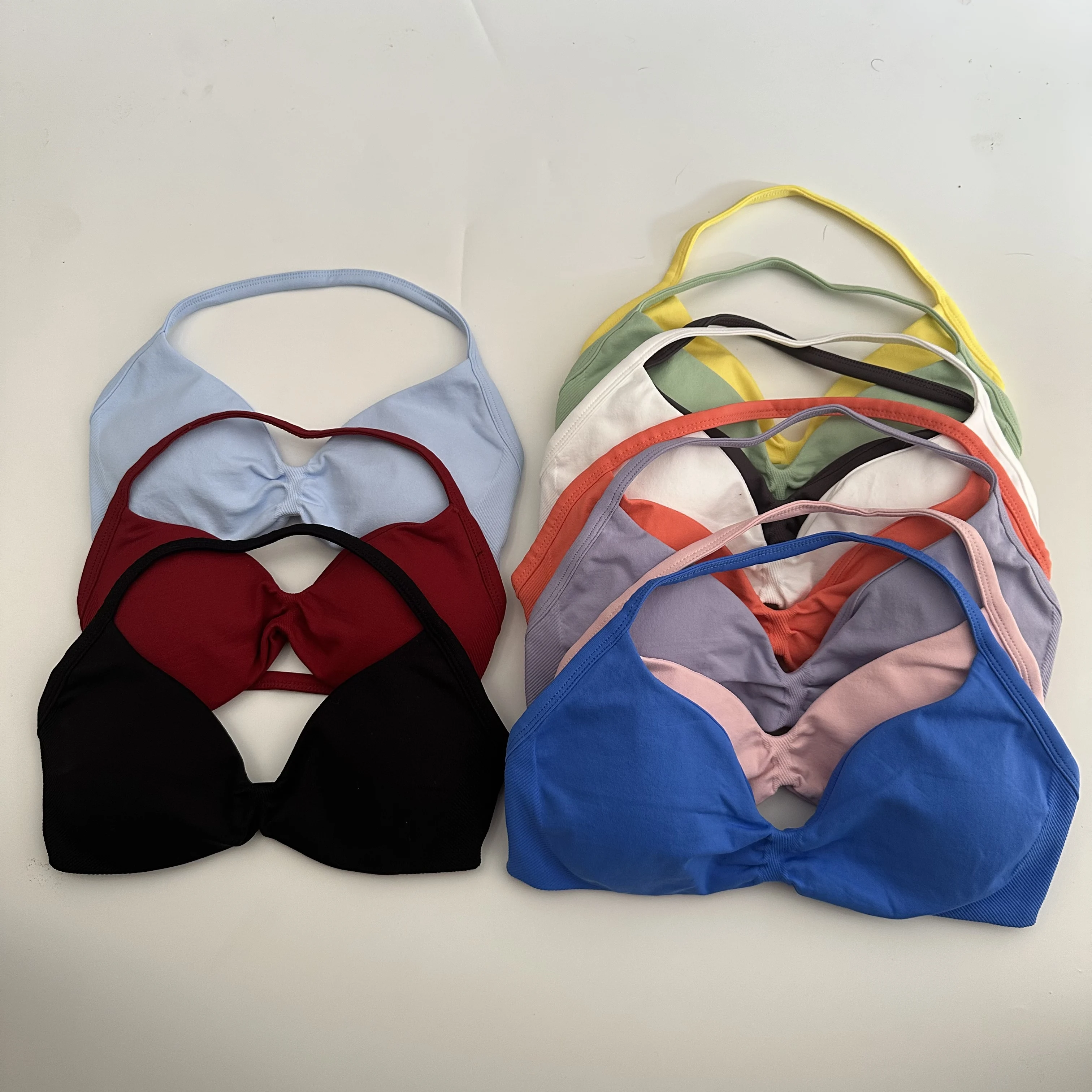 

No Logo Strappy Bra Gym Top Women High Support Impact Thin Strap Halter Sports Seamless Bras Scrunch Workout Yoga Tank Top