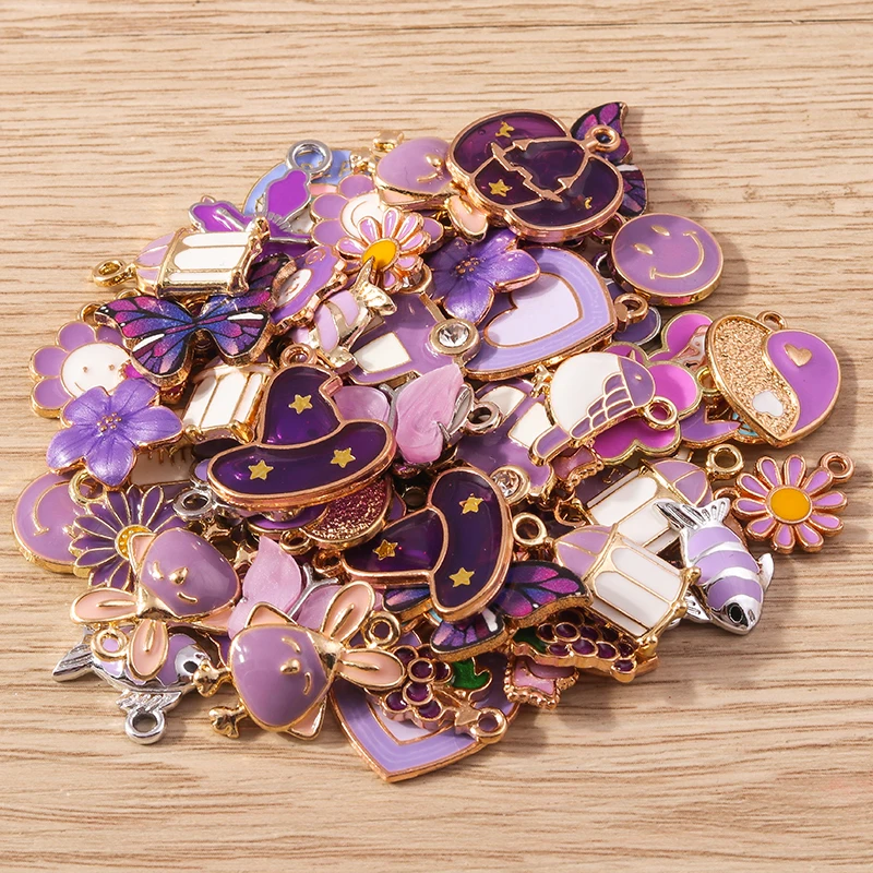 Tusember Mix 30 sztuk emalia Charms fioletowa seria zwierząt serce wisiorki kwiatowe na ręcznie robione akcesoria do wyrobu biżuterii DIY Craft